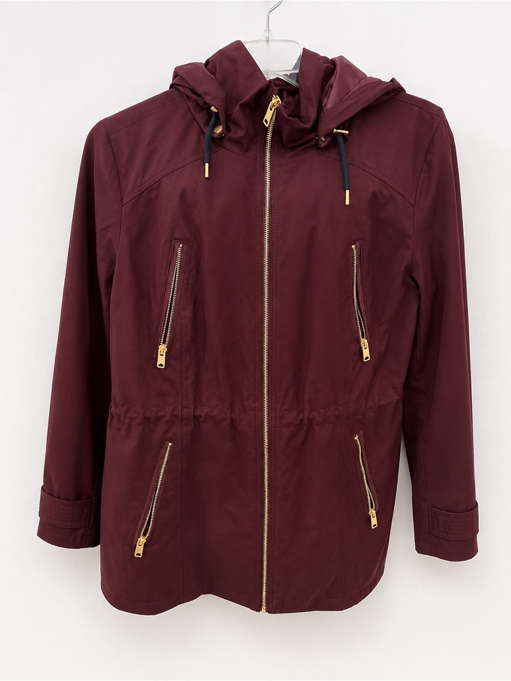 Women's Hooded Utility Jacket in Wine with Gold Hardware